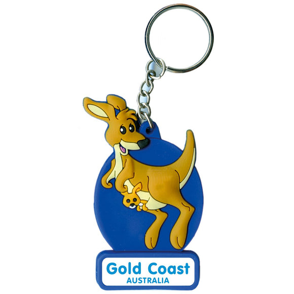 KEYRING SOFT PVC 3D KANGAROO BLUE GOLD COAST