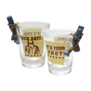 SHOT GLASS SCREENPRINT WITH NED KELLY FIGURINE AUSTRALIA