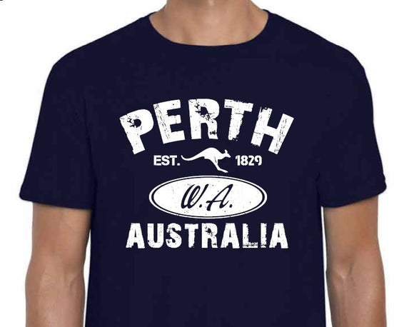 ADULTS T-SHIRT S PERTH 1829 (WHITE PRINT ON NAVY SHIRT)