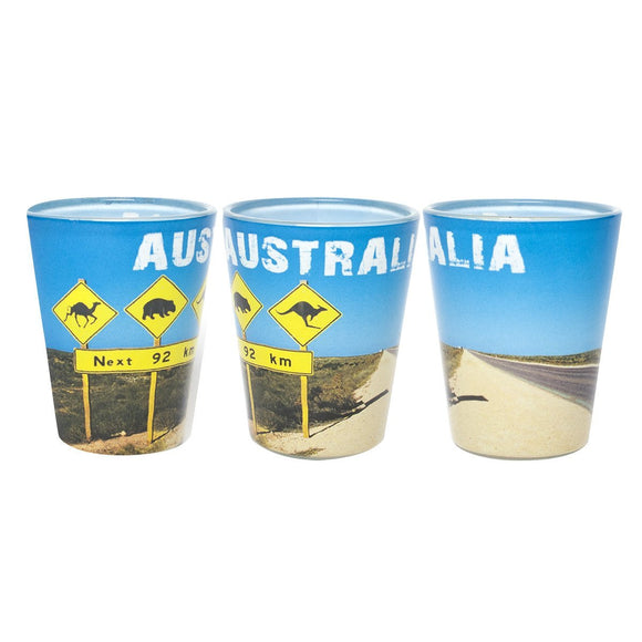 SHOT GLASS OFFSET PRINT AUSTRALIA ROADSIGN CAMEL WOMBAT ROO NEXT 92KM