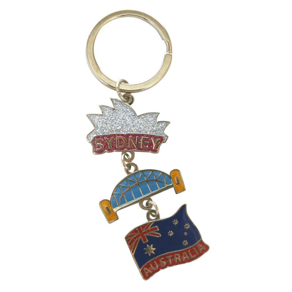 KEYRING METAL GLITTER SYDNEY OPERA HOUSE,BRIDGE & FLAG